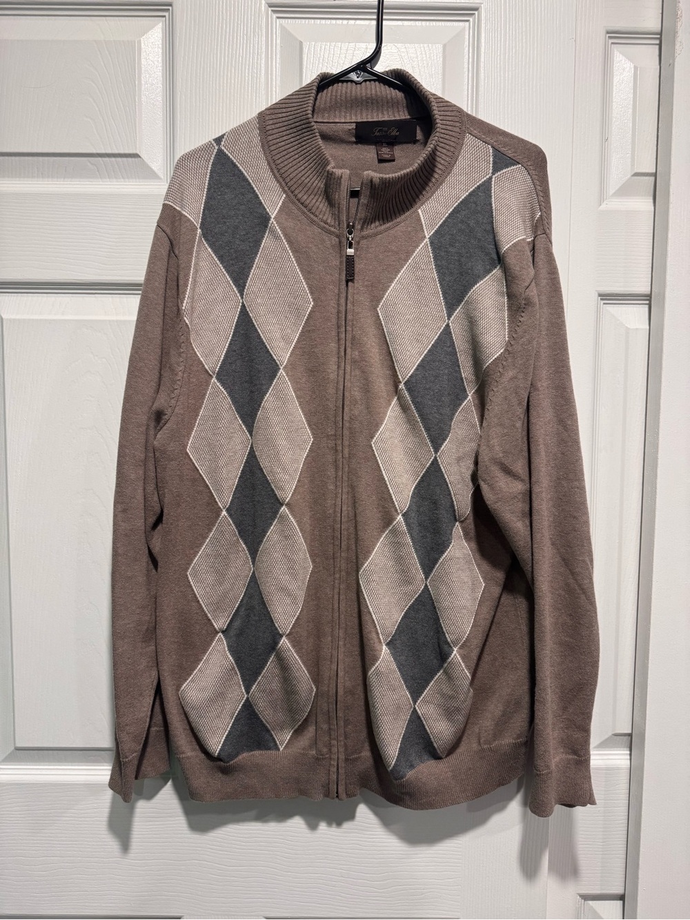 Tasso Elba Brown Argyle Zip-Up Sweater Jacket